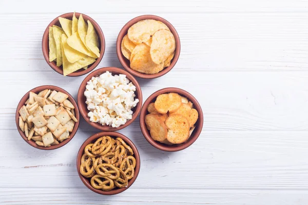 Frame Mix Snacks Pretzels Crackers Chips Nachos Pop Corn — Stock Photo, Image