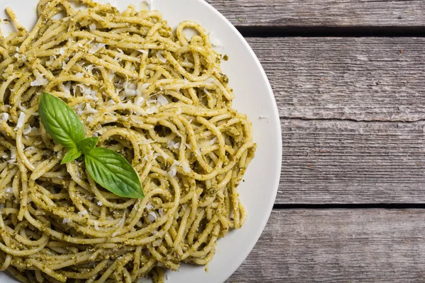 Tészta Spagetti Pesto Szósszal Olasz Élelmiszer Háttér — Stock Fotó