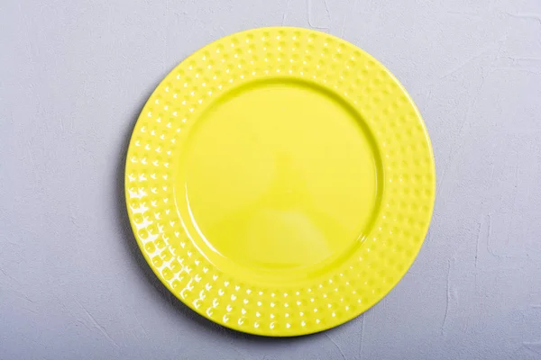 Assiette Jaune Vide Sur Table Bois Fond Vue Supérieure — Photo