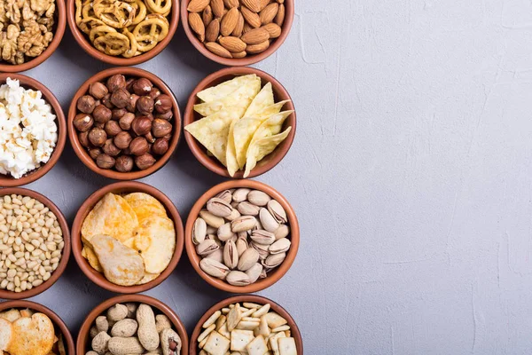 Mix Snacks Pretzels Crackers Chips Nuts Nachos — Stock Photo, Image