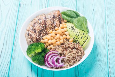 Buda kase brokoli, quinoa, ızgara tavuk, avokado ve ıspanak. Sağlıklı vegan salata. Superfood