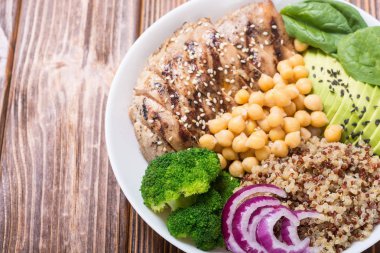 Buda kase brokoli, quinoa, ızgara tavuk, avokado ve ıspanak. Sağlıklı vegan salata. Superfood