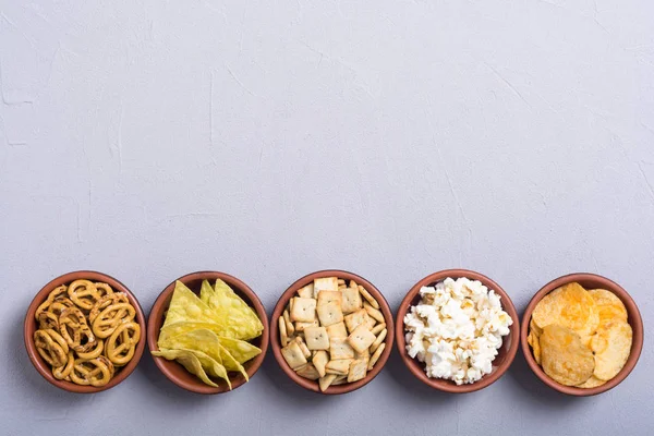 Frame Mix Snacks Pretzels Crackers Chips Nachos Pop Corn — Stock Photo, Image