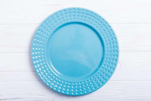 Assiette Bleue Vide Sur Table Bois Fond Vue Supérieure — Photo