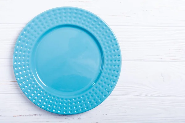 Assiette Bleue Vide Sur Table Bois Fond Vue Supérieure — Photo