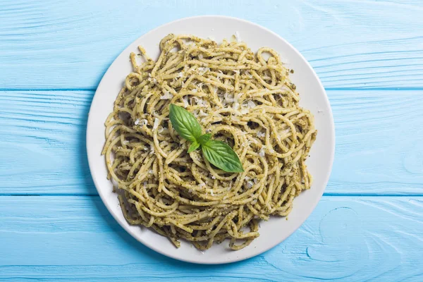 Макарони Спагетті Песто Соус Італійська Кухня Фону — стокове фото