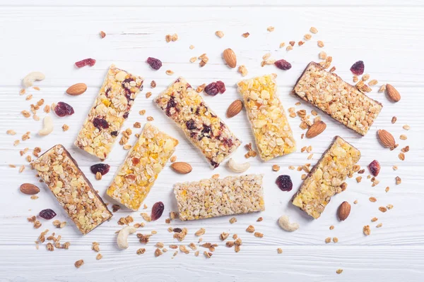 Friska Hemlagade Snacks Frukost Granola Barer Mat Vegan Energi Bakgrund — Stockfoto