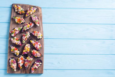 Midye ile geleneksel Peru gıda arka planı