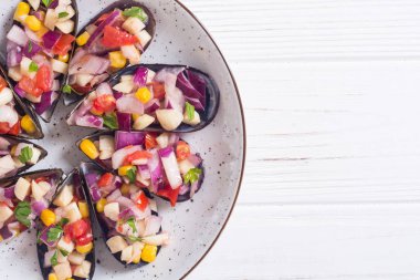 Midye ile geleneksel Peru gıda arka planı