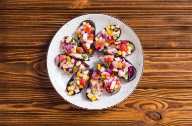 Midye ile geleneksel Peru gıda arka planı