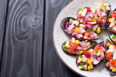 Midye ile geleneksel Peru gıda arka planı