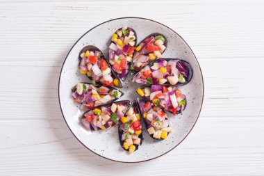 Midye ile geleneksel Peru gıda arka planı