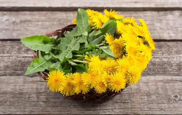 Cesta con flor de diente de león amarillo — Foto de Stock