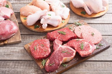 Et ve deniz ürünleri çeşitleri. Sığır, tavuk, balık ve domuz eti.