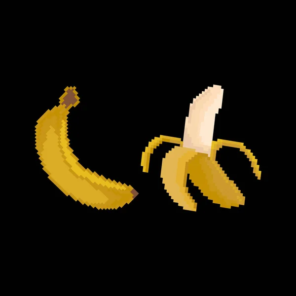 Banana Pixel Doce Fruta Ícone Fundo Preto —  Vetores de Stock