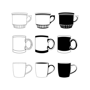 Siyah ve beyaz fincan seti. Beyaz arka plan üzerinde vektör simgesi.