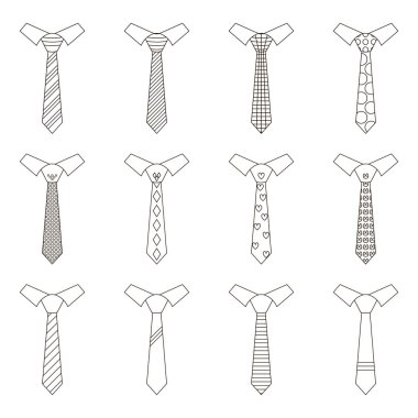 Beyaz arka plan üzerinde izole ilişkiler farklı ayarla. Siyah ve beyaz vektör kravat simgesi. Adam için kravat.
