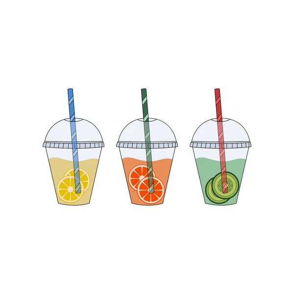 Vers Sap Plastic Bekers Vectorillustratie Sap Met Fruit Afhaalmaaltijden Cup — Stockvector