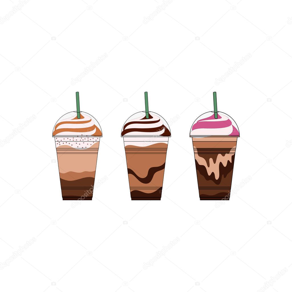 Coffee frappe and cappuccino drinks in plastic cups vector illustration. Coffee with whipped cream in takeaway cup.