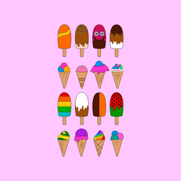 Collectie Van Consumptie Ijs Vector Illustratie Set Kleur Ice Cream — Stockvector