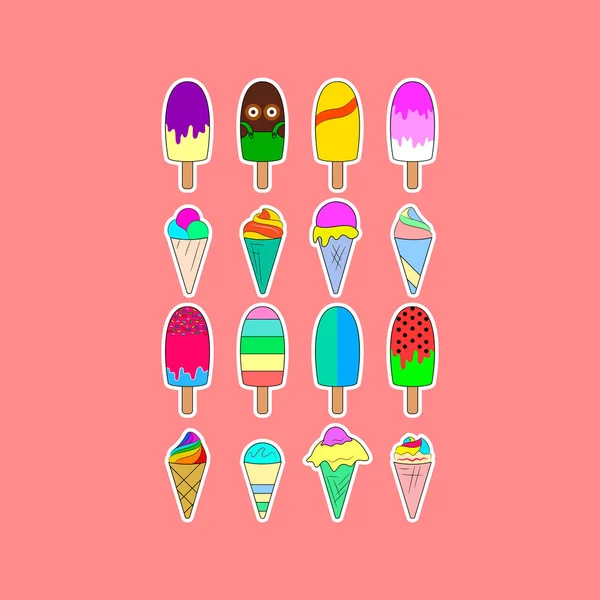 Set Van Sticker Met Kleur Ice Cream Vectorillustratie Witte Achtergrond — Stockvector