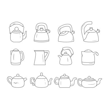 Siyah ve beyaz su ısıtıcısı hattı simge seti. Çaydanlık logosu. 