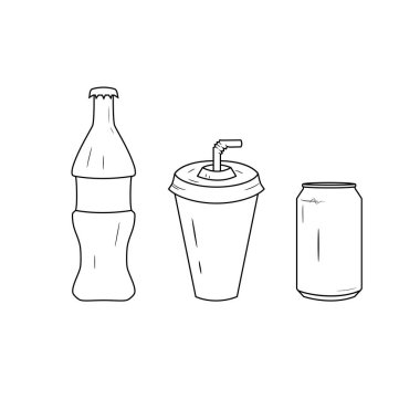 Siyah beyaz şişe ve cam çizgi simgesi seti. Soda logosu ile bardak suyu ve şişe. 