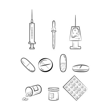 Tıbbi simgeler kümesi, ince çizgi tarzı. Beyaz arka planda hap simgeleri.