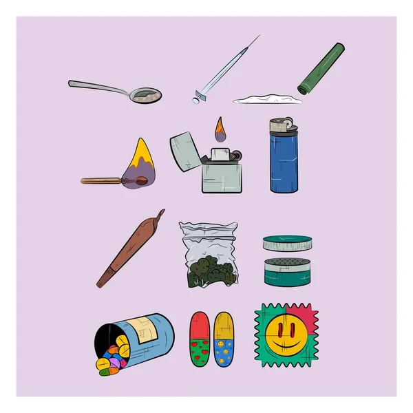 Ensemble Narcotiques Différente Dépendance Aux Stupéfiants Icônes Colorées Illustration De Stock