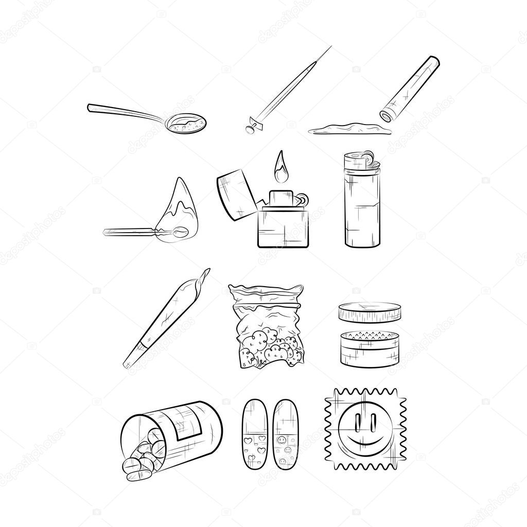 Set of narcotics. Different narcotic drug dependence. Line icons. Black and white icons.