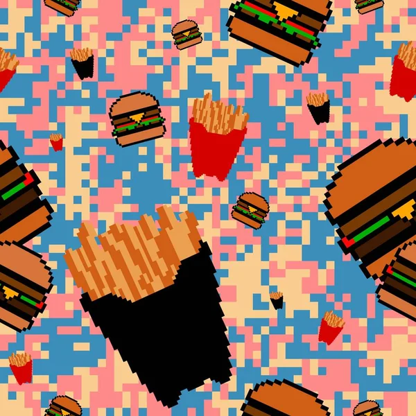 Piksel Fast Food Dikişsiz Desen Pix Vektör Illüstrasyon — Stok Vektör