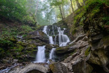 Shypit şelale yeşil ağaçlar ve bitkiler arasında. Güneşli sonbahar orman içinde belgili tanımlık geçmiş.