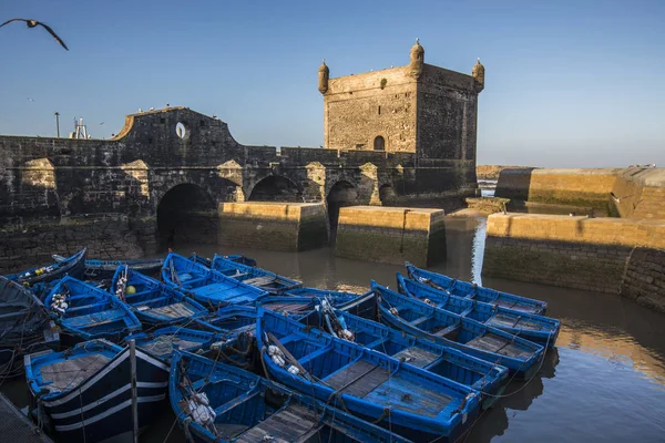 Blaue Boote Hafen Von Essaouira Alte Hafengebäude Und Festungsturm Hintergrund — Stockfoto