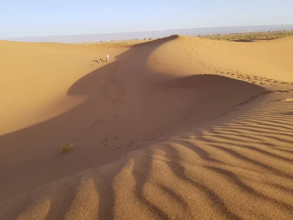 Маленькие Фигурки Людей Большой Песчаной Пустыне Текстурированный Песчаный Эрг Переднем — стоковое фото