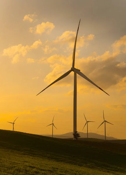 Siluete de centrale eoliene împotriva cerului galben — Fotografie, imagine de stoc