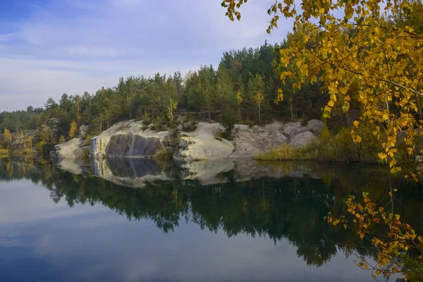 Lago del bosque con hojas de otoño en primer plano —  Fotos de Stock