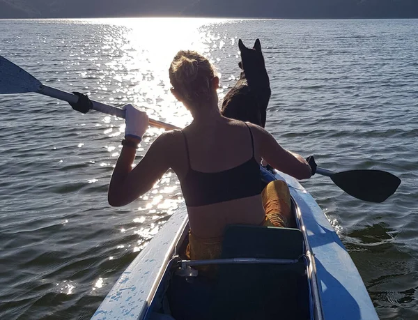 Kajakfahrerin Mit Hund Kajak Ist Blau Mädchen Trägt Weiße Handschuhe — Stockfoto