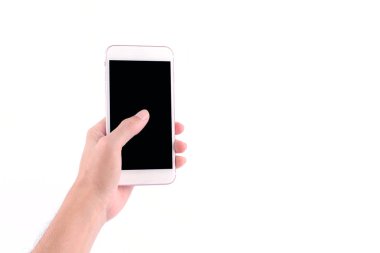 beyaz bir Smartphone holding adam eller dokunmatik ekran üzerinde izole beyaz arka plan ile