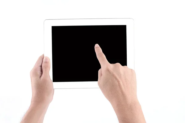 Mann Hält Hände Mit Einem Weißen Tablet Touchscreen Mit Isoliertem — Stockfoto