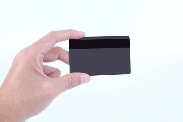 Ember Kezében Hitelkártyával Vagy Betéti Kártyával Elszigetelt Fehér Background — Stock Fotó