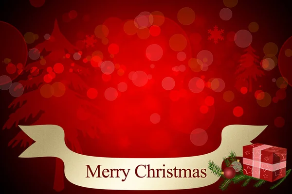 Χαρούμενα Χριστούγεννα Προσκλητήριο Bokeh Κόκκινο Φόντο Πράσινα Κλαδιά Κόκκινο Δώρο — Φωτογραφία Αρχείου