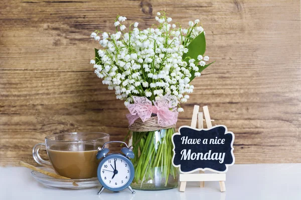 Bouquet Lilac Alarm Clock Cup Coffee Have Nice Monday Text — Stock Photo, Image