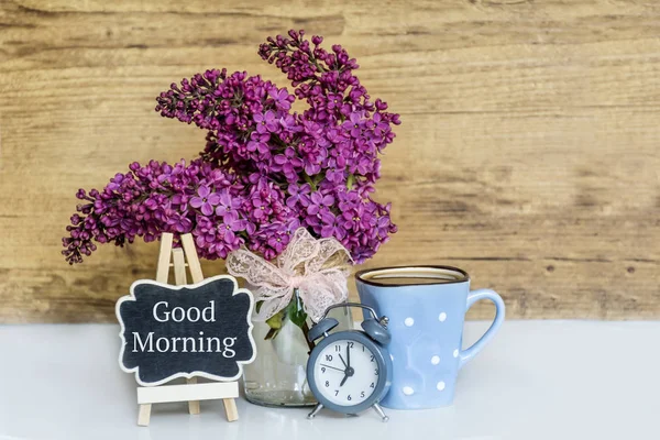 Bouquet Lilac Alarm Clock Cup Coffee Good Morning Text Wooden — Stock Photo, Image