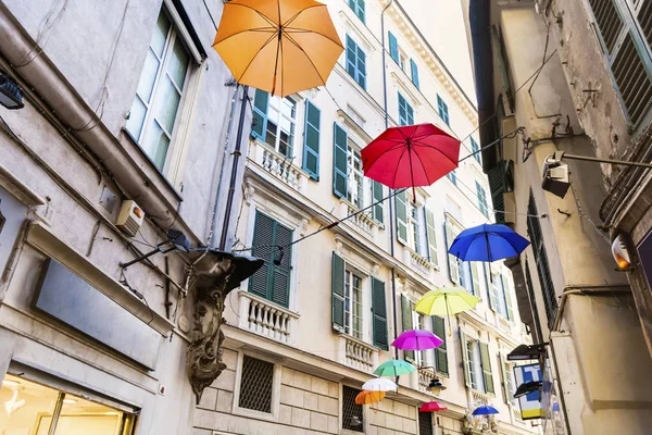 Paraguas Coloridos Que Cuelgan Sobre Calle Génova Italia — Foto de Stock