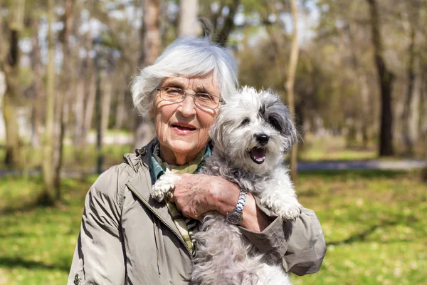 快乐微笑的高级妇女抱着她的狗在春天的公园 — 图库照片