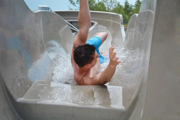 Man Having Fun Water Slide Water Tester — Stock Photo, Image