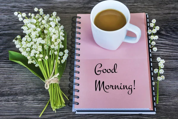 Notebook Lily Valley Kopje Koffie Voor Goedemorgen Lente Ochtend Concept — Stockfoto