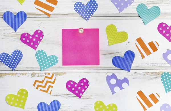 Greeting Card Colorful Paper Hearts Sticky Note White Wooden Background — Stock Photo, Image