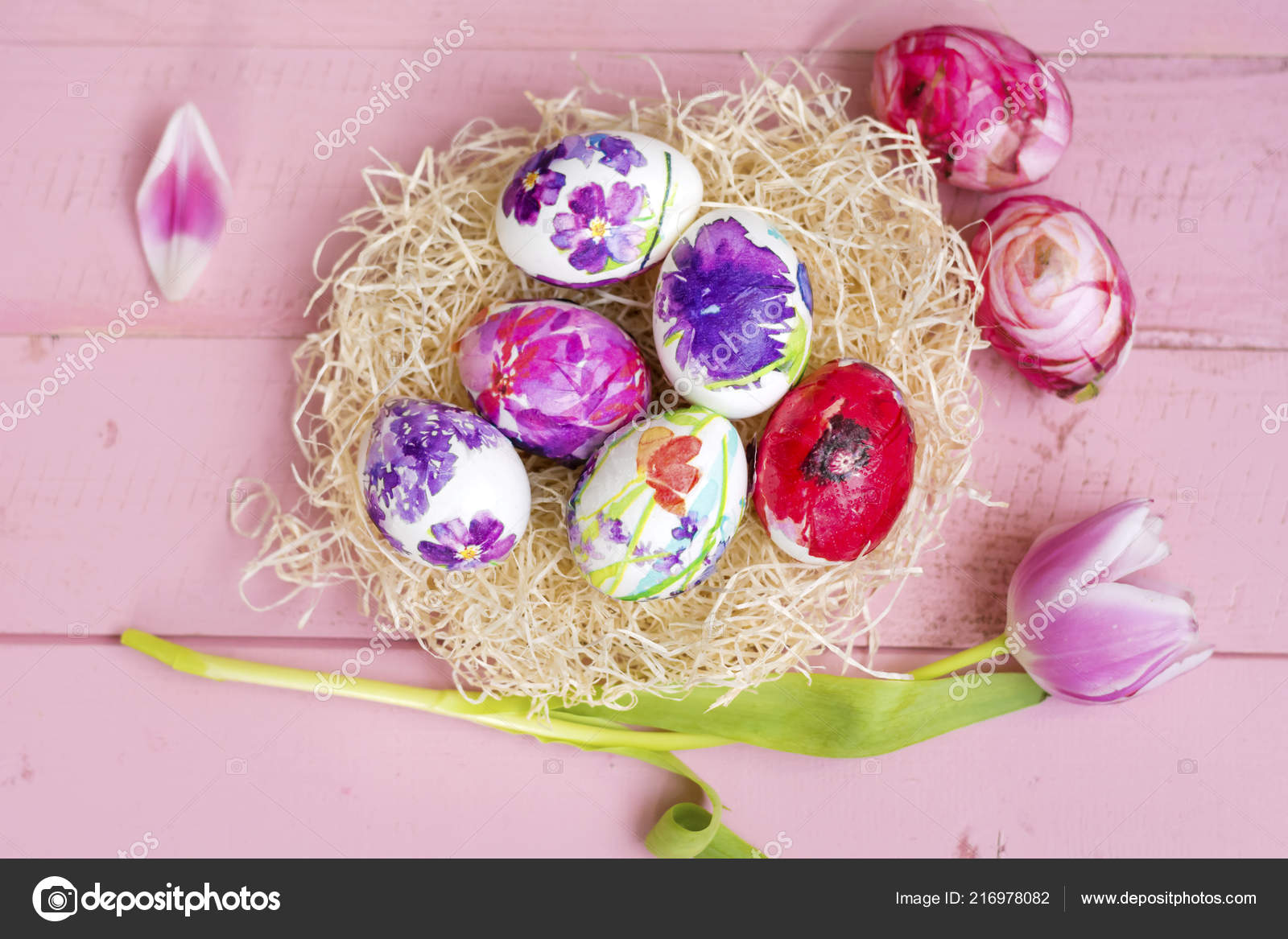 Pink Easter Eggs Tulips Flowers Pink Wooden Background Easter