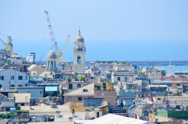 GENOA, İTALYA: 24 Haziran 2018: Ceneviz Tarihi Merkezi 'nin şehir manzarası, İtalya Yukarıdan Havadan Bakış 